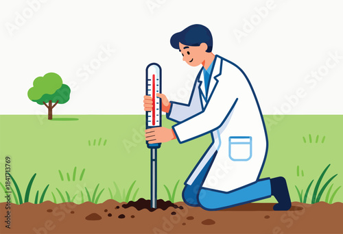 Scientist measuring soil temperature with a thermometer in the field