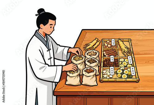 Person in traditional robe sorts bags of herbs on a wooden table with medicinal ingredients