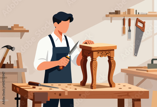 Woodworker carefully carves an ornate wooden table leg with a knife