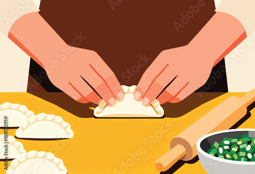 Hands craft dumplings on a table with ingredients, a rolling pin, and a bowl of greens