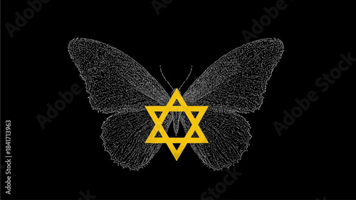 Symbol of hope and transformation a golden Star of David emerging from delicate butterfly wings in a powerful statement of faith and resilience against a dark backdrop