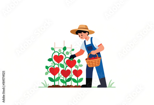 Person in overalls and hat harvests heart-shaped produce into a basket