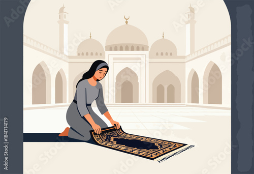 Woman kneels, preparing prayer rug before mosque courtyard and domes