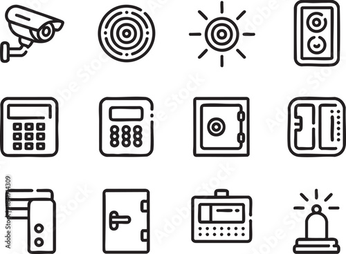 Security icons surveillance camera keypad safe door access card alarm and speaker vector