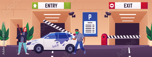 Urban underground parking with vandalism scene, vector flat barrier gate to garage basement with looters break a car