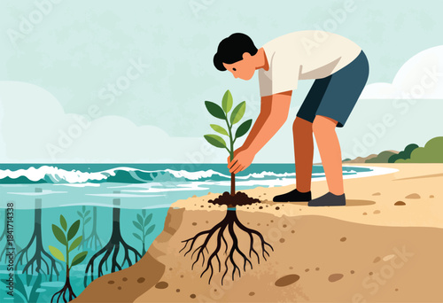 Person planting a seedling on a sandy shore beside ocean waves