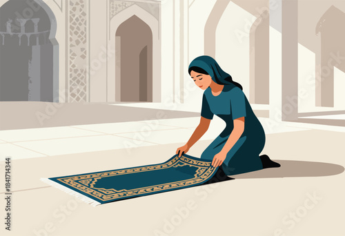 Woman in headscarf unrolls prayer rug inside an ornate architectural space
