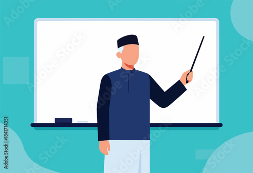 Man in traditional attire pointing at a blank whiteboard