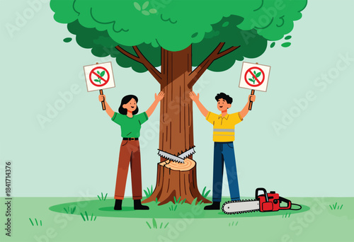 People protest tree cutting, holding signs as a chainsaw waits nearby