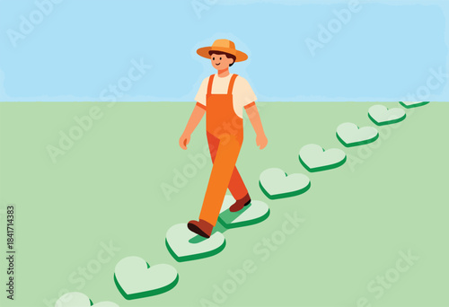 Cheerful farmer walks on heart-shaped stepping stones toward a bright future
