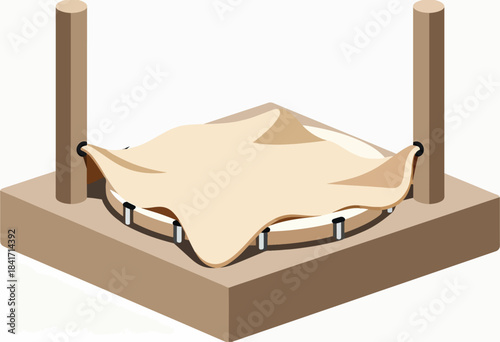 Textured fabric draped over a circular frame supported by two posts