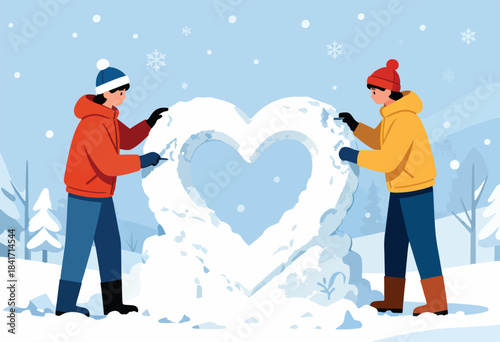Two figures sculpt a heart from snow amid falling snowflakes