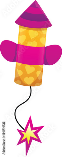 Pyrotechnic rocket, bright, yellow pink, with wick and flame.