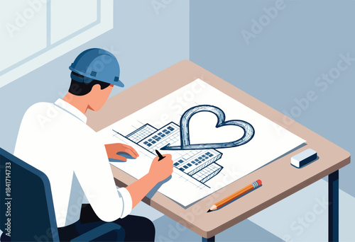 A person wearing a blue hard hat sketches a heart over buildings
