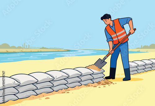 Person in safety vest shovels sandbags to reinforce a riverbank against flooding