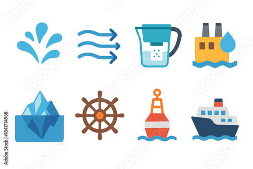 Water and Maritime Flat Icons Set