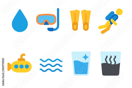Water and aquatic activities cartoon icons set