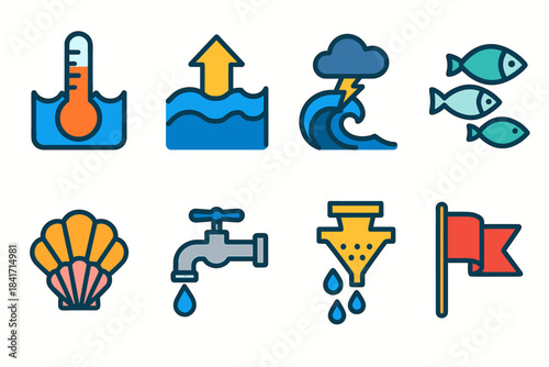 Water and marine bold line icons set