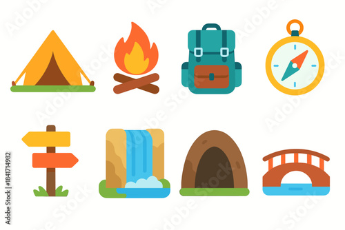 Outdoor activities and camping flat icons set