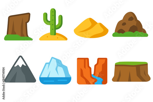 Natural Landscapes and Geological Features Cartoon Icons Set