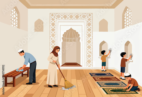 Diverse people clean a mosque with prayer rugs, a bench, and archways