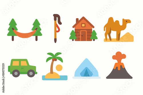 Travel and outdoor flat icons set
