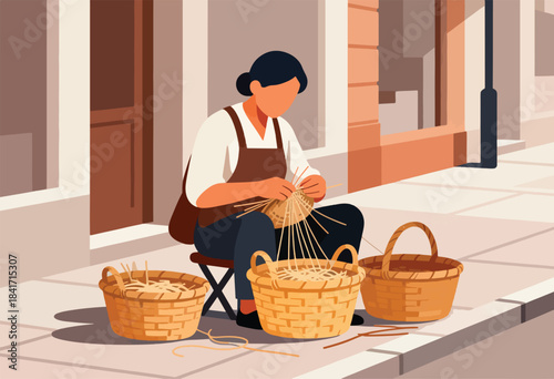 Person sitting on stool weaving a basket in front of shop with baskets