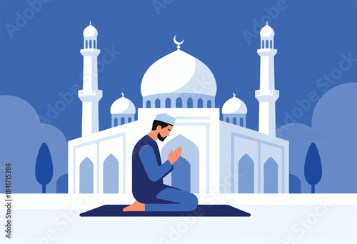 Man praying on a mat before a mosque with domes and minarets