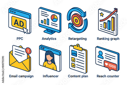 Digital marketing flat isometric icons set