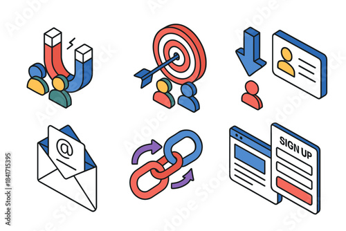 Digital marketing and online interactions isometric icons set