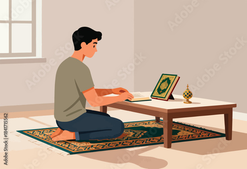Man kneeling on rug, reading a holy book at a low table