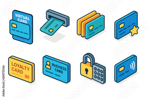 Card and Security Isometric Icons Set