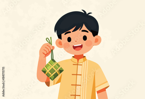A smiling boy wearing traditional clothes holds a rhombus-shaped rice cake