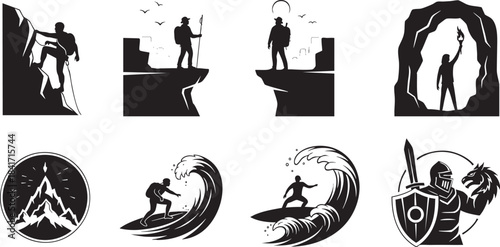 Adventure and exploration icons set climbing, hiking, surfing, cave, warrior