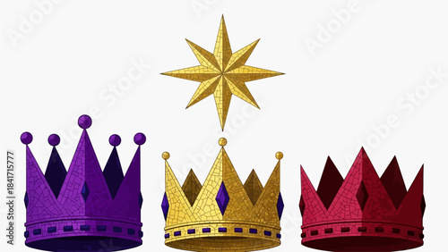 Majestic crowns and star shining bright, perfect for fantasy, royalty, or holiday themes. Elegant designs in gold, purple, and red evoke power and wonder for your creative project