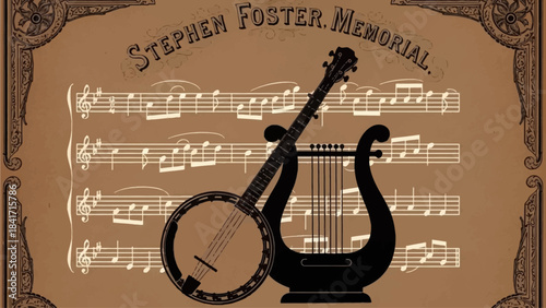 Evocative Stephen Foster Memorial with Banjo and Harp for Musical Nostalgia Projects, Vintage Sheet Music Background, Perfect for Historical Documentaries and Classical Music Events
