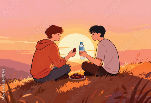 Two boys sharing dates and water on a hilltop at sunset
