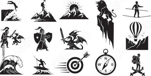 Collection of adventure and fantasy icons silhouettes for design