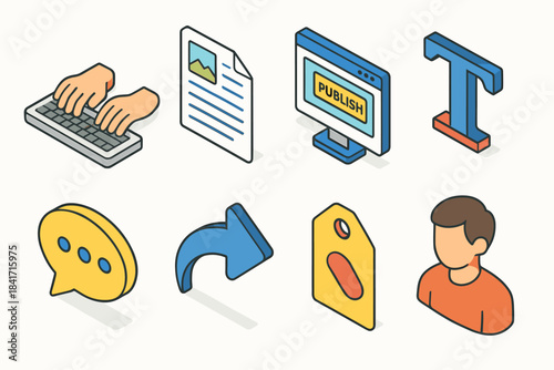 Digital content creation and online interaction isometric icons set
