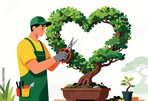 Gardener prunes a heart-shaped bonsai tree with gardening tools