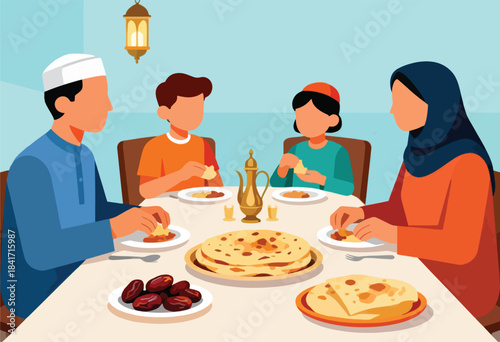 Family gathering for a meal with dates, bread, and a drink pitcher