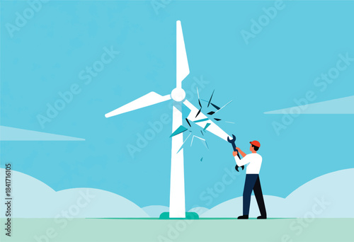 A person repairs a damaged wind turbine with a wrench in a flat illustration