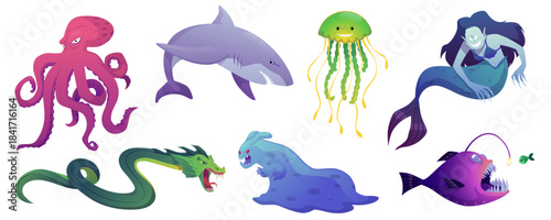 Underwater monsters flat vector set, shark, giant octopus, anglerfish, mermaid, snake, jellyfish creepy predator animal