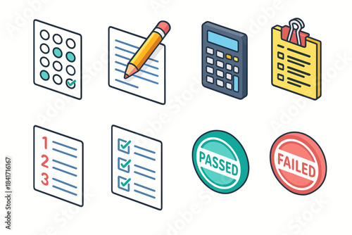 Exams and assessments isometric icons set
