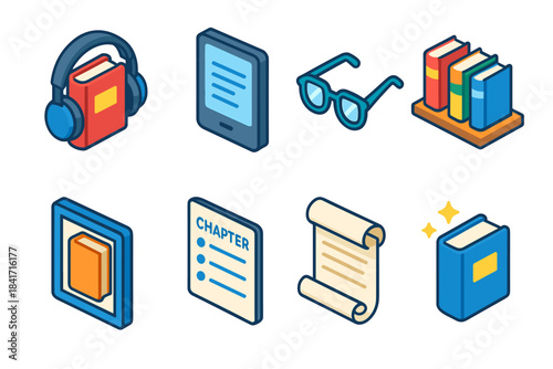 Reading and Books Isometric Icons Set