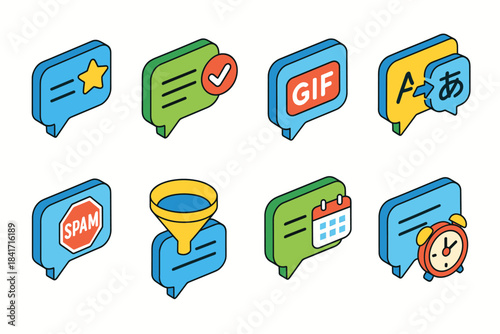 Messaging isometric icons set with colorful speech bubbles