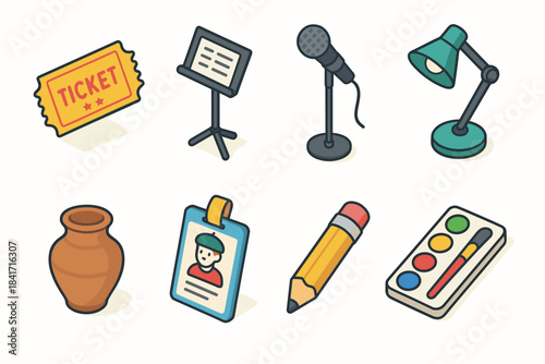 Office supplies and equipment vector icons set