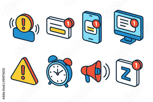 Notification and alert isometric icons set