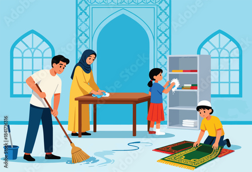 Family cleans prayer room father sweeps, mother wipes table, kids tidy