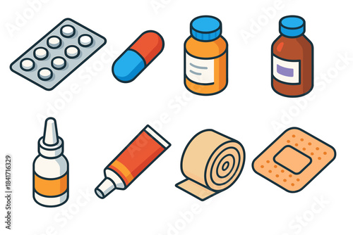 Medical and first aid cartoonish icons set